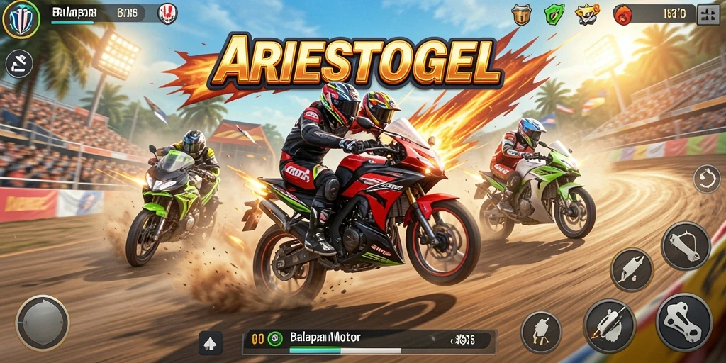 Screenshot gameplay ARIESTOGEL menampilkan balapan motor yang seru dan mendebarkan.