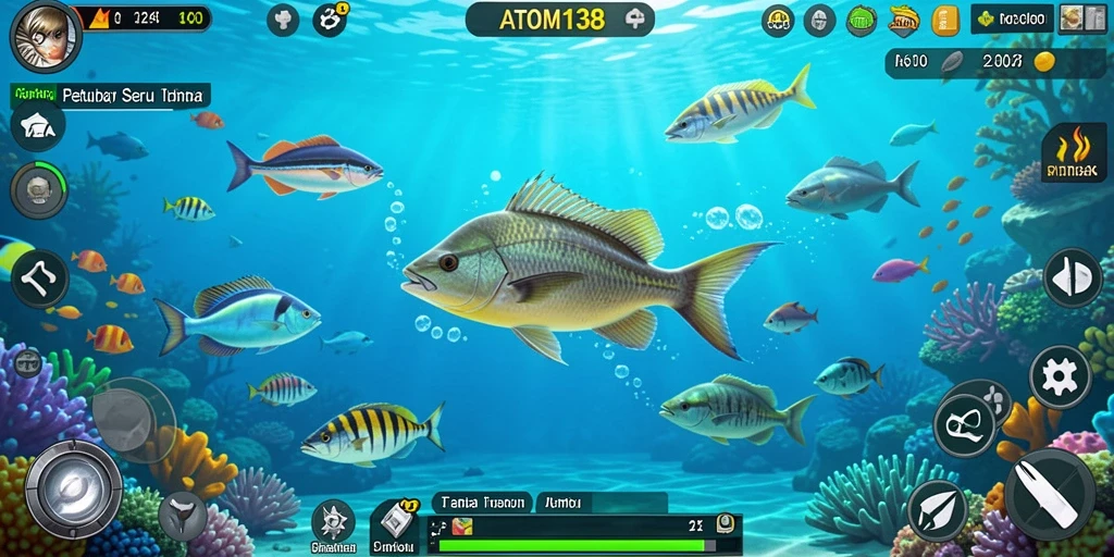 Tampilan gameplay dari ATOM138 dengan aksi tembak ikan yang seru.
