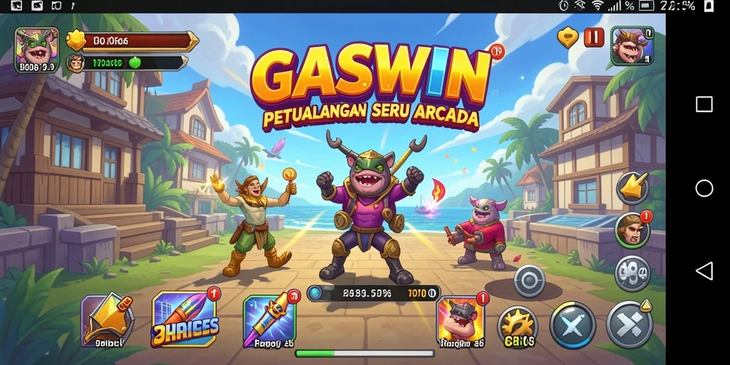 Tampilan gameplay GASWIN yang penuh aksi dan warna.