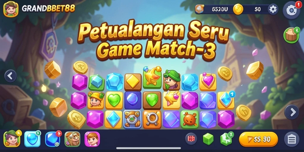 Screenshot GRANDBET88 menampilkan gameplay Match-3 yang menarik.
