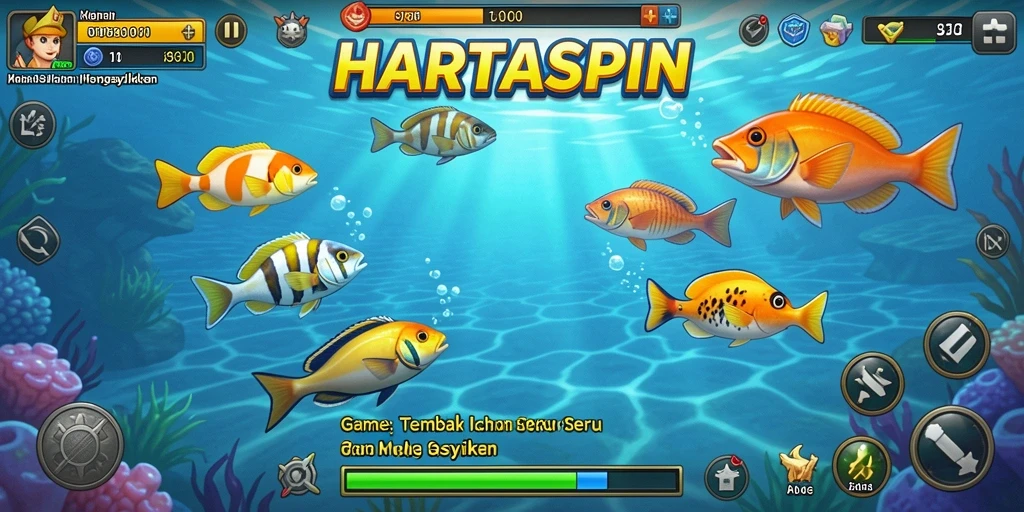 Screenshot utama HARTASPIN menampilkan aksi seru Tembak Ikan di laut.