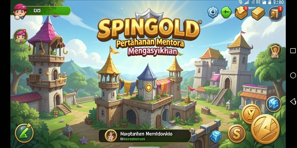 Screenshot gameplay SPINGOLD menampilkan aksi menara pertahanan yang intens.