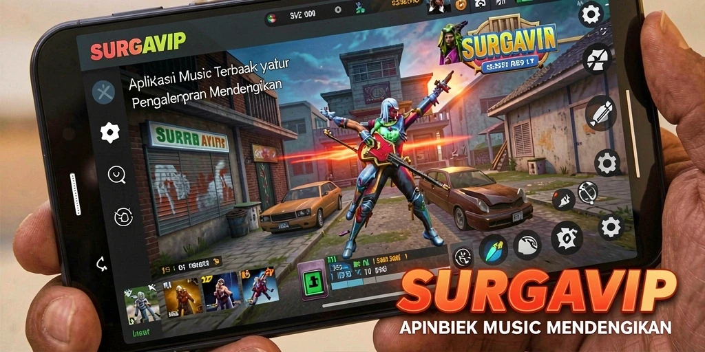 Tampilan screenshot utama SURGAVIP yang menunjukkan pengalaman gameplay music yang interaktif.